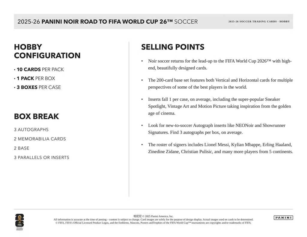 2025-26 Panini Noir Soccer Road to FIFA World Cup Hobby Trading Cards LV