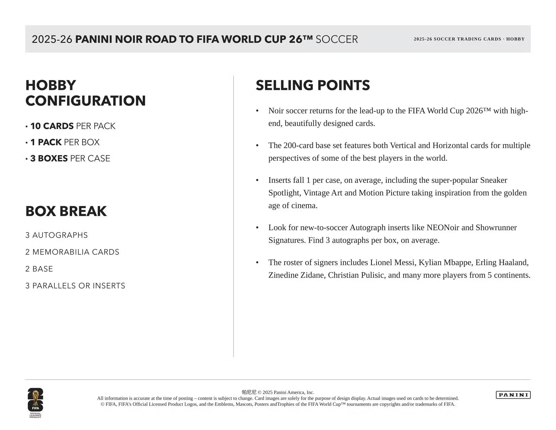 2025-26 Panini Noir Soccer Road to FIFA World Cup Hobby Trading Cards LV