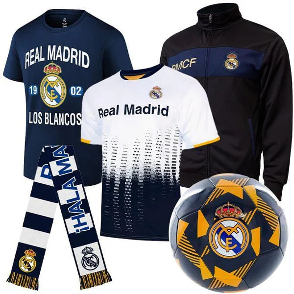 REAL MADRID Ultimate Fan Pack | 5-PC Los Blancos Bundle — Jacket, Jersey, Tee, Scarf + Ball | Hala Madrid! LV
