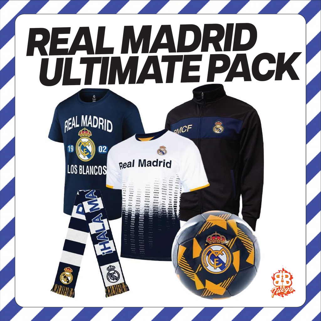 REAL MADRID Ultimate Fan Pack | 5-PC Los Blancos Bundle — Jacket, Jersey, Tee, Scarf + Ball | Hala Madrid! LV